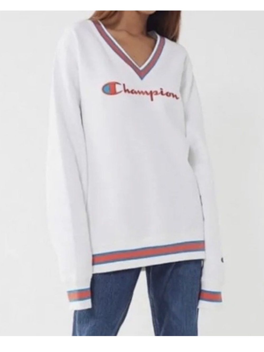 Champion White V-Neck Pullover with Red and Blue Trim